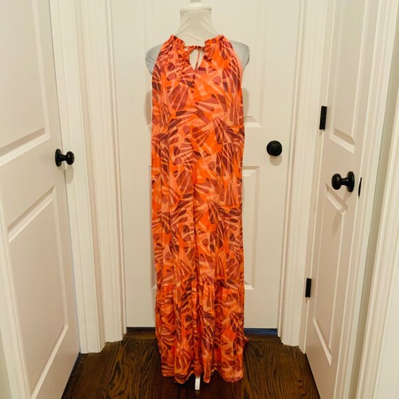 Nine West Orange Geo Print Halter Sleeveless Maxi Dress Large - Picture 2 of 13